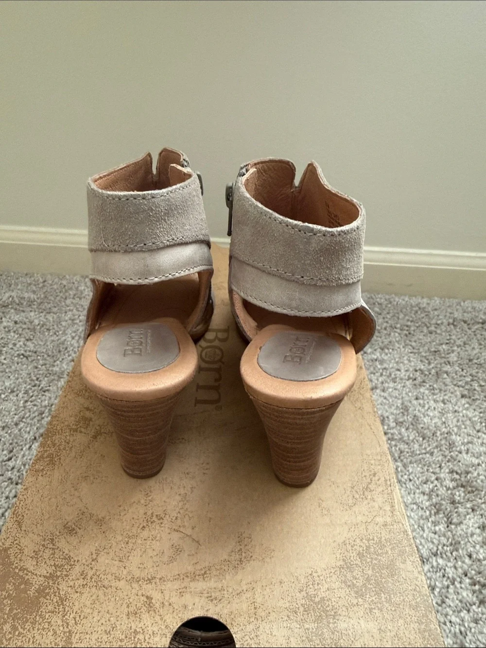 Born Women's Light Taupe Suede Peep-Toe Block Heel Sandals